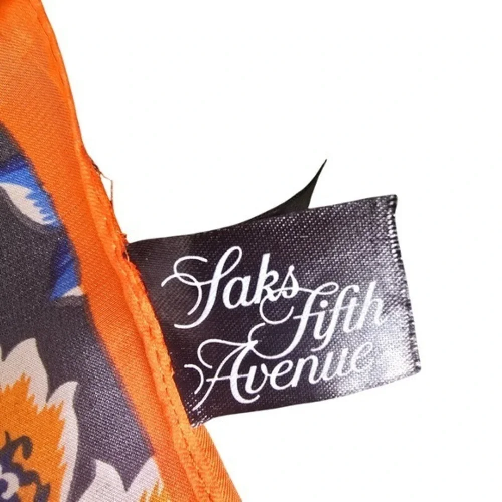Saks Fifth‎ Avenue Floral Silk Scarf Orange Border Square Headscarf